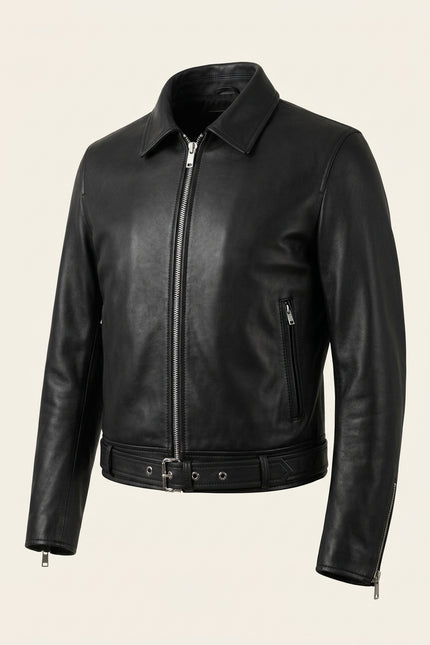 Belted Lambskin Leather Bomber Jacket - Black - Front