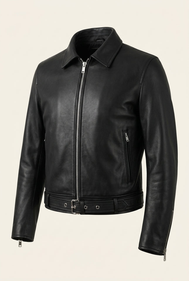 Belted Lambskin Leather Bomber Jacket - Black - Front