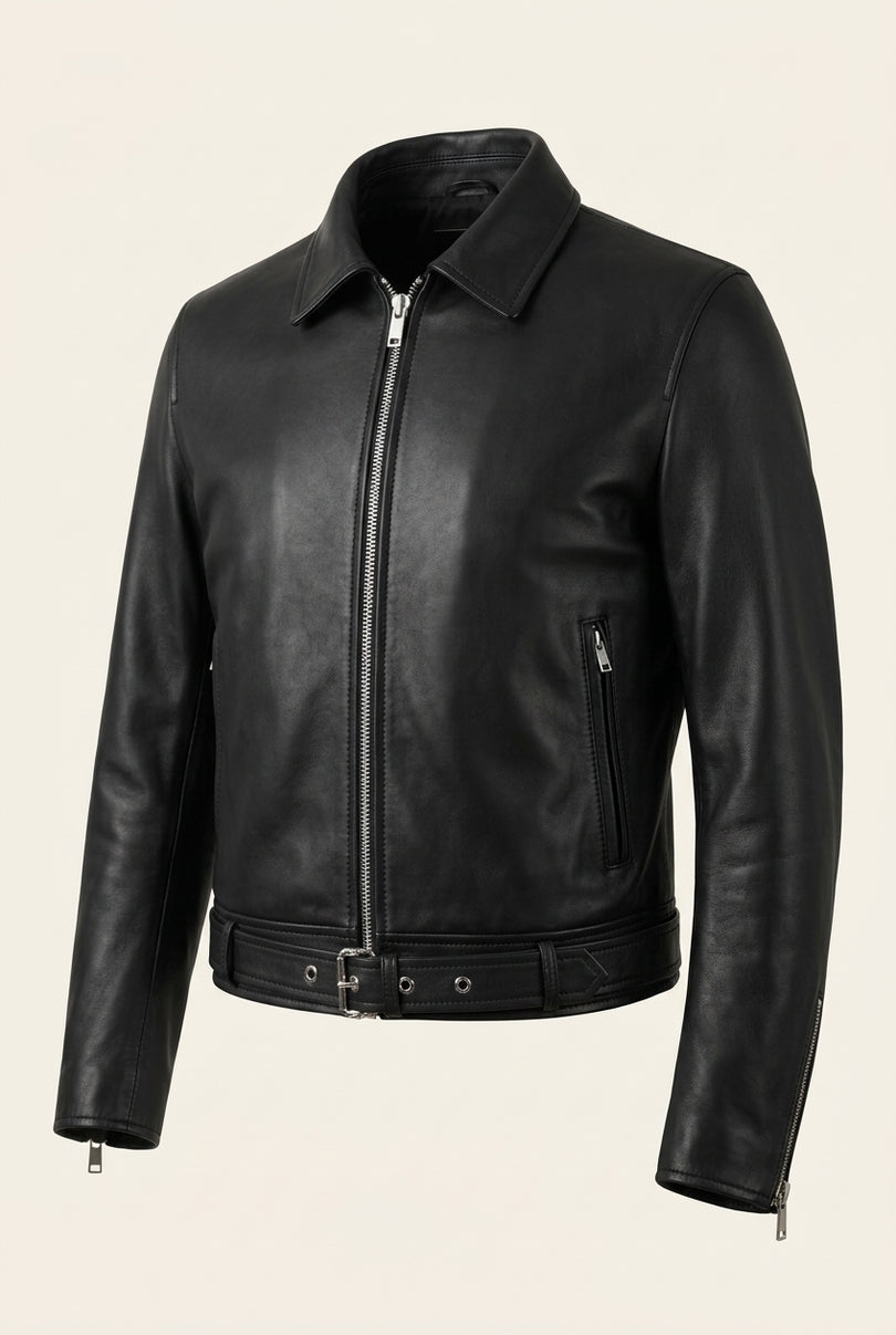 Belted Lambskin Leather Bomber Jacket - Black - Front