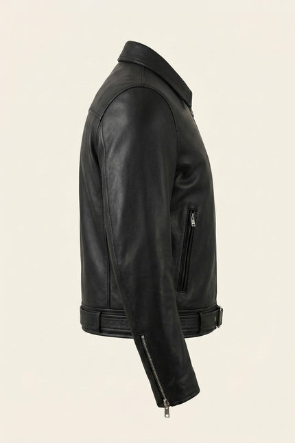 Belted Lambskin Leather Bomber Jacket - Black - Side