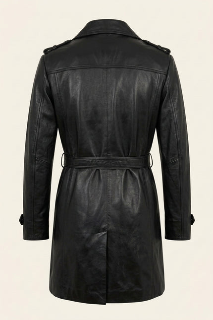 Belted Lambskin Leather Trench Coat - Black - Back
