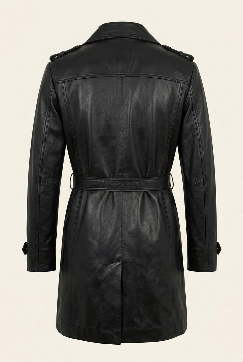 Belted Lambskin Leather Trench Coat - Black - Back