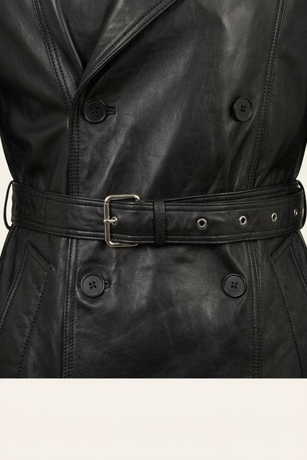 Belted Lambskin Leather Trench Coat - Black - Detail