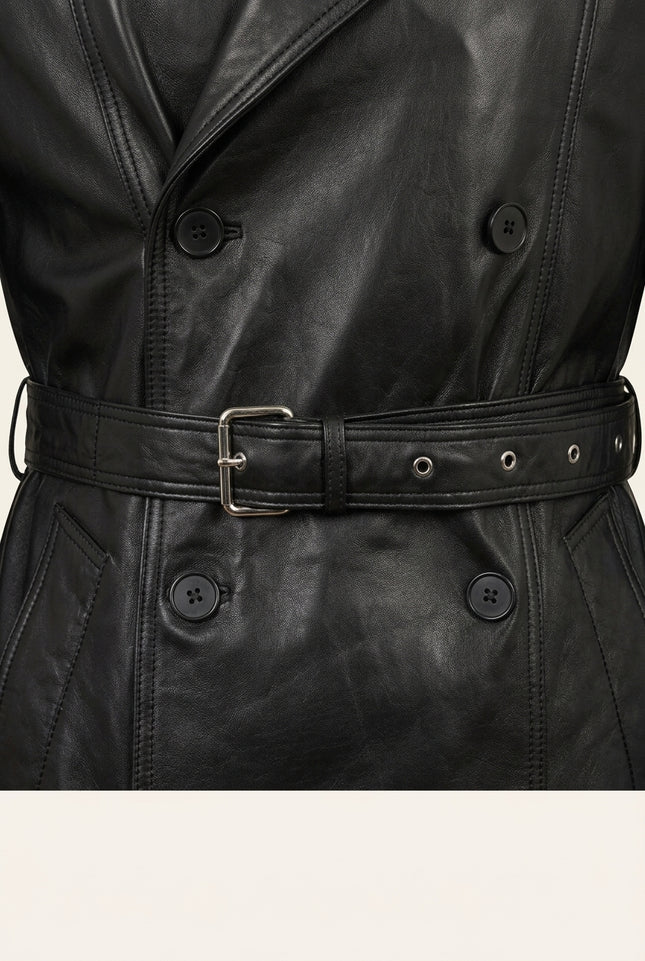 Belted Lambskin Leather Trench Coat - Black - Detail