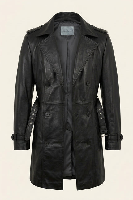 Belted Lambskin Leather Trench Coat - Black - Front (Alt)
