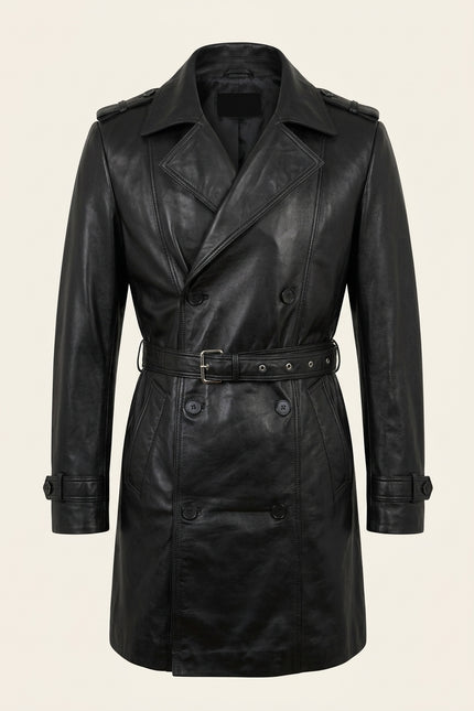 Belted Lambskin Leather Trench Coat - Black - Front