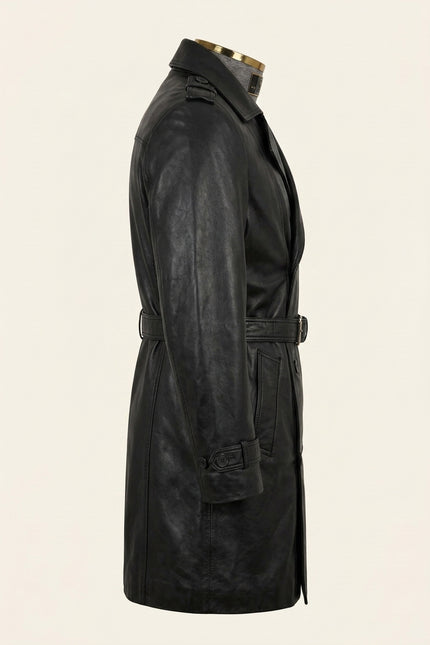 Belted Lambskin Leather Trench Coat - Black - Side