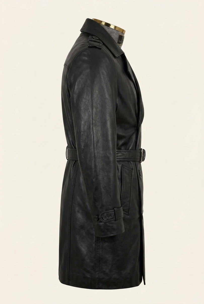 Belted Lambskin Leather Trench Coat - Black - Side