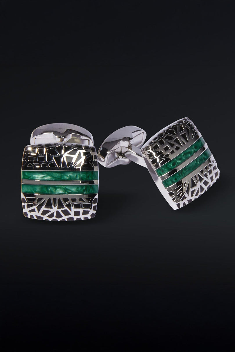 Black Mirror Mosaic And Emerald Stainless Steel Cufflinks - Ron Tomson