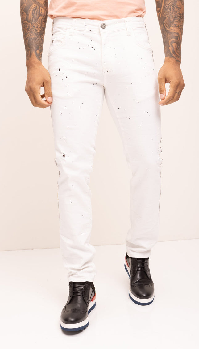 Black Paint Splattered Side Striped Jeans - White - Ron Tomson