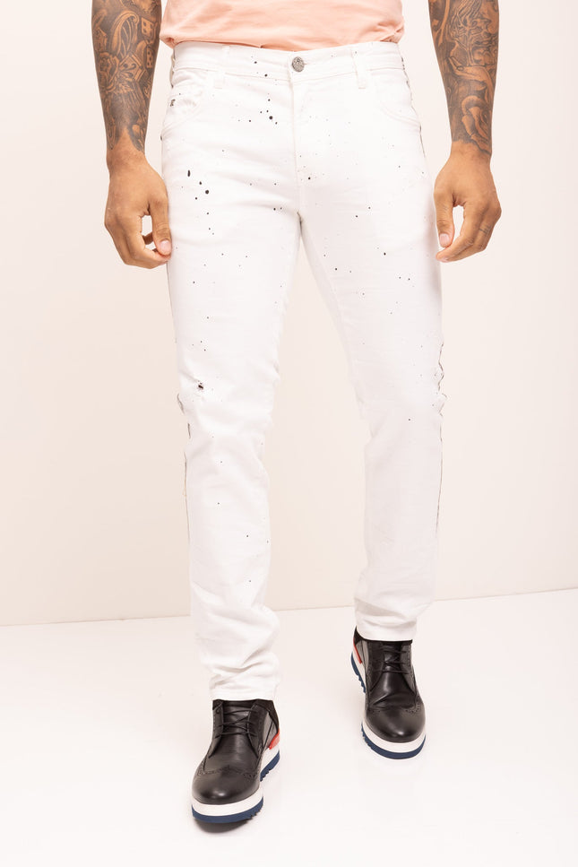 Black Paint Splattered Side Striped Jeans - White - Ron Tomson