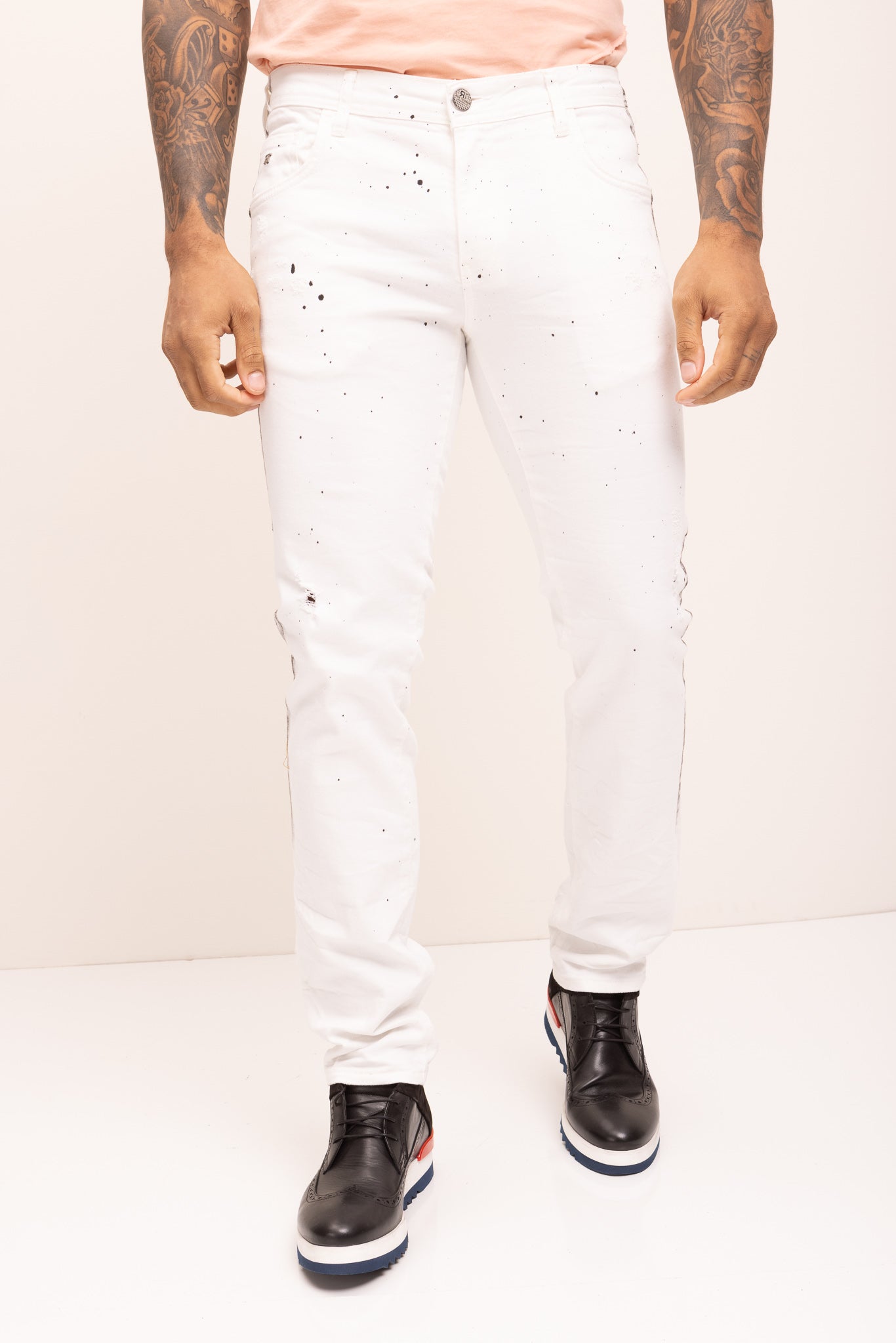 Black Paint Splattered Side Striped Jeans White Ron Tomson