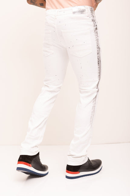 Black Paint Splattered Side Striped Jeans - White - Ron Tomson