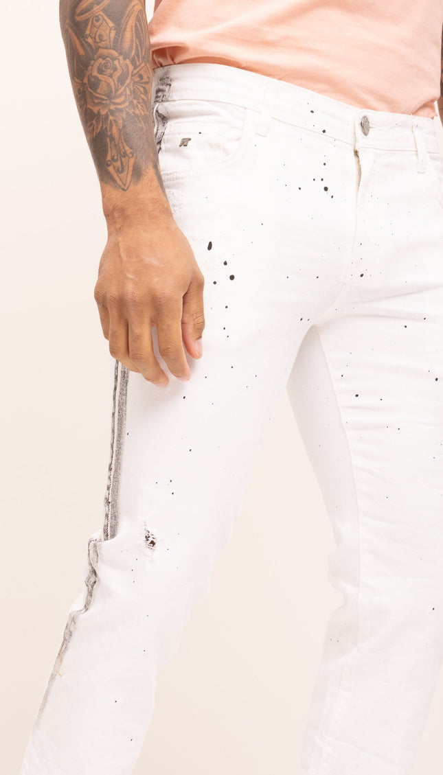 Black Paint Splattered Side Striped Jeans - White - Ron Tomson