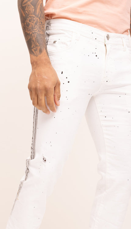 Black Paint Splattered Side Striped Jeans - White - Ron Tomson