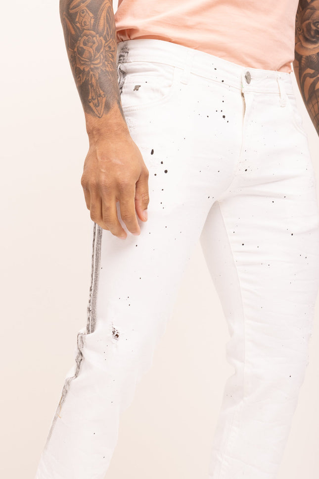 Black Paint Splattered Side Striped Jeans - White - Ron Tomson