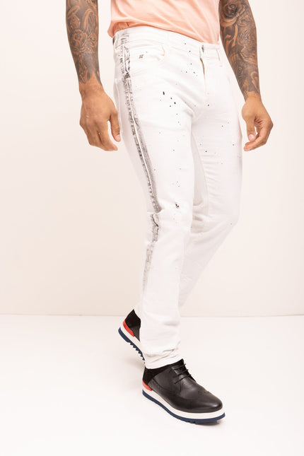 Black Paint Splattered Side Striped Jeans - White - Ron Tomson
