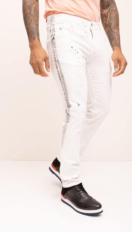 Black Paint Splattered Side Striped Jeans - White - Ron Tomson