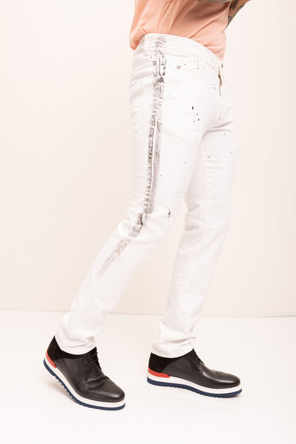 Black Paint Splattered Side Striped Jeans - White - Ron Tomson