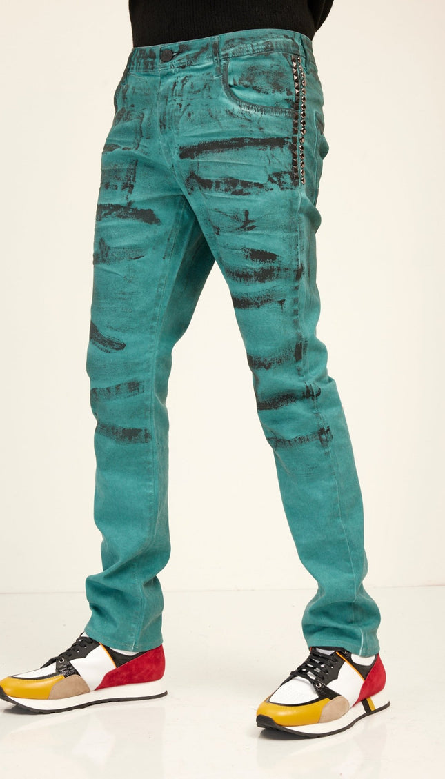 Black Paint Swiped Denim Jeans - Dark Green - Ron Tomson
