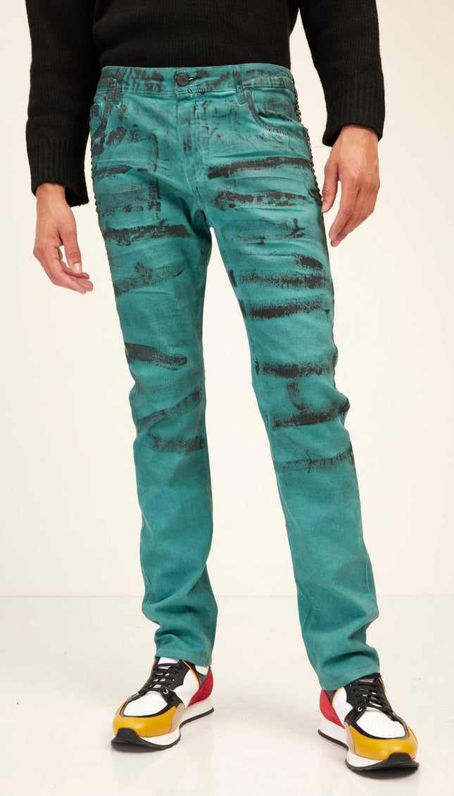 Black Paint Swiped Denim Jeans - Dark Green - Ron Tomson