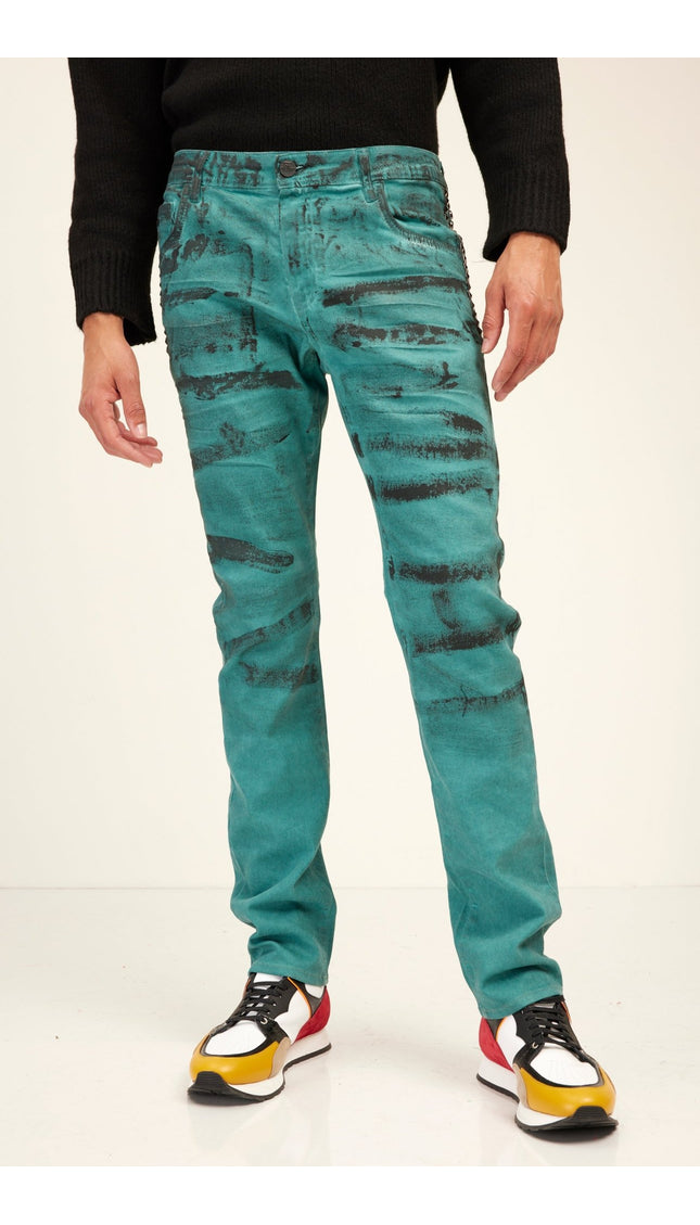Black Paint Swiped Denim Jeans - Dark Green - Ron Tomson