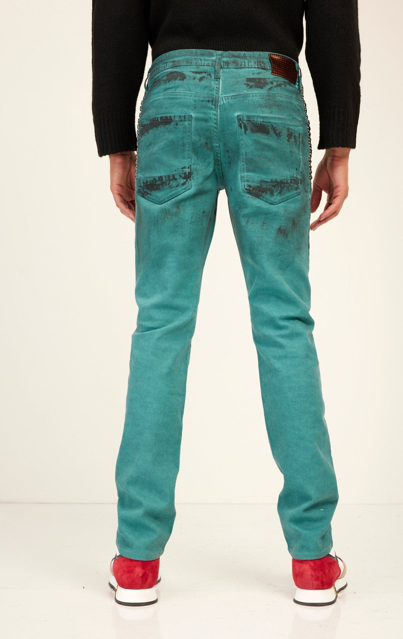 Black Paint Swiped Denim Jeans Dark Green - Main Image