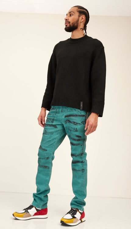 Black Paint Swiped Denim Jeans - Dark Green - Ron Tomson