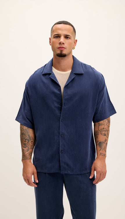 Breezy Relaxed Camp Collar Shirt - Navy - Ron Tomson