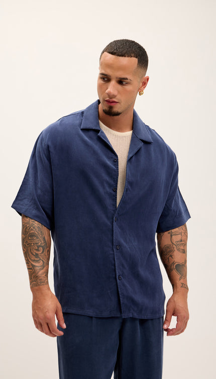 Breezy Relaxed Camp Collar Shirt - Navy - Ron Tomson