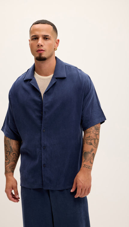 Breezy Relaxed Camp Collar Shirt - Navy - Ron Tomson