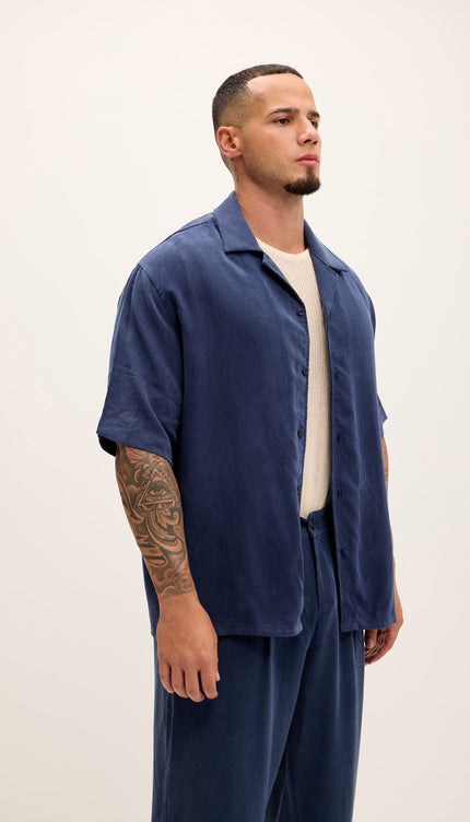 Breezy Relaxed Camp Collar Shirt - Navy - Ron Tomson