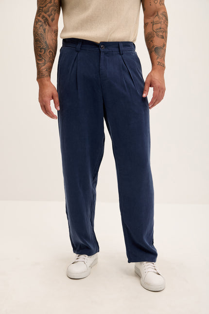 Breezy Relaxed Pleated Trousers - Navy - Ron Tomson