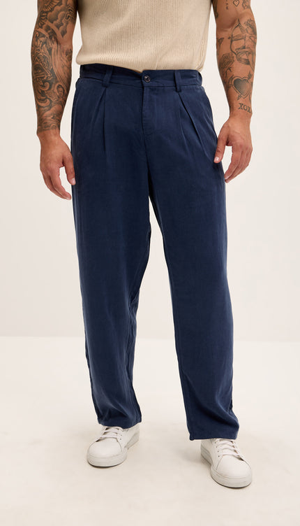 Breezy Relaxed Pleated Trousers - Navy - Ron Tomson