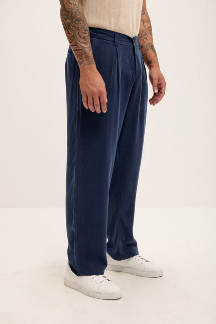 Breezy Relaxed Pleated Trousers - Navy - Ron Tomson
