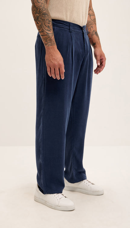 Breezy Relaxed Pleated Trousers - Navy - Ron Tomson