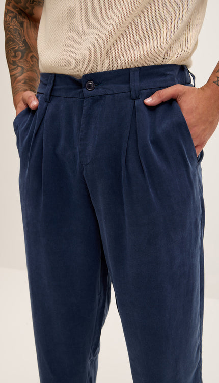 Breezy Relaxed Pleated Trousers - Navy - Ron Tomson
