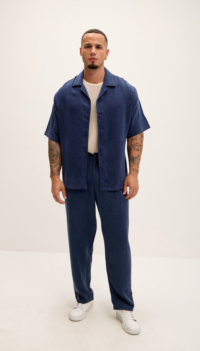 Breezy Relaxed Pleated Trousers - Navy - Ron Tomson