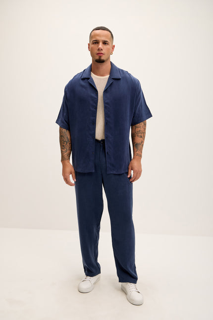 Breezy Relaxed Pleated Trousers - Navy - Ron Tomson