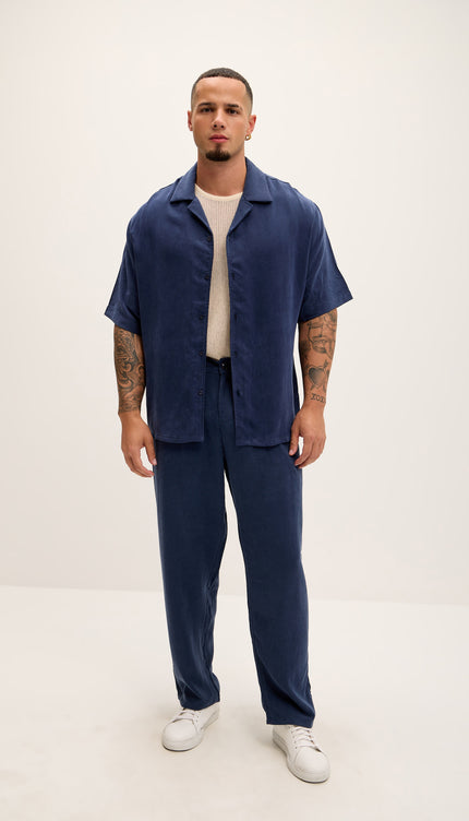 Breezy Relaxed Pleated Trousers - Navy - Ron Tomson