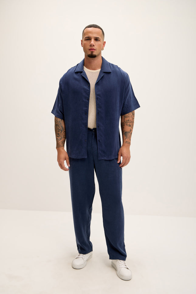 Breezy Relaxed Pleated Trousers - Navy - Ron Tomson