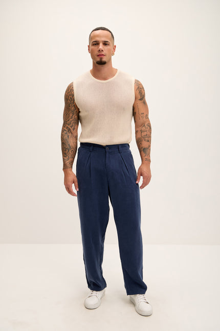 Breezy Relaxed Pleated Trousers - Navy - Ron Tomson