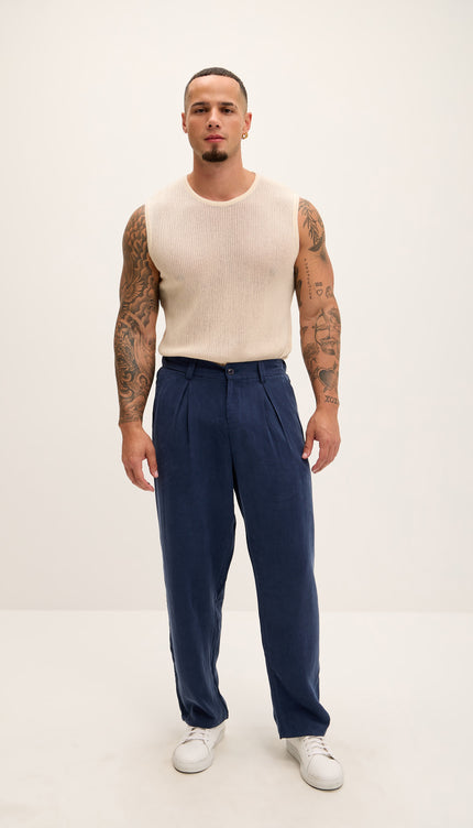 Breezy Relaxed Pleated Trousers - Navy - Ron Tomson