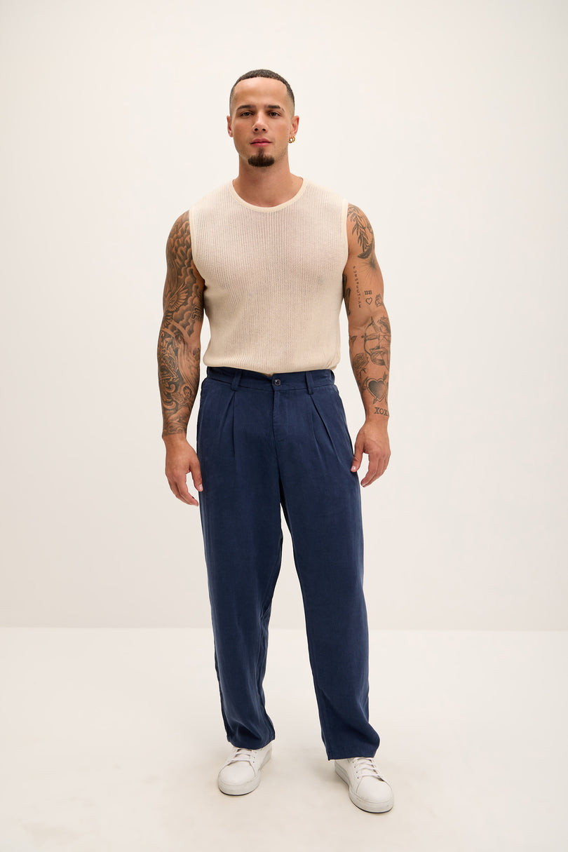 Breezy Relaxed Pleated Trousers - Navy - Ron Tomson