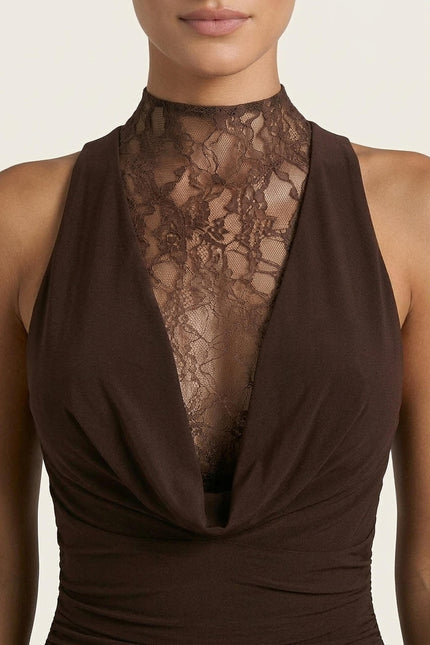 Lace and Stretch Mini Dress - Brown - Detail