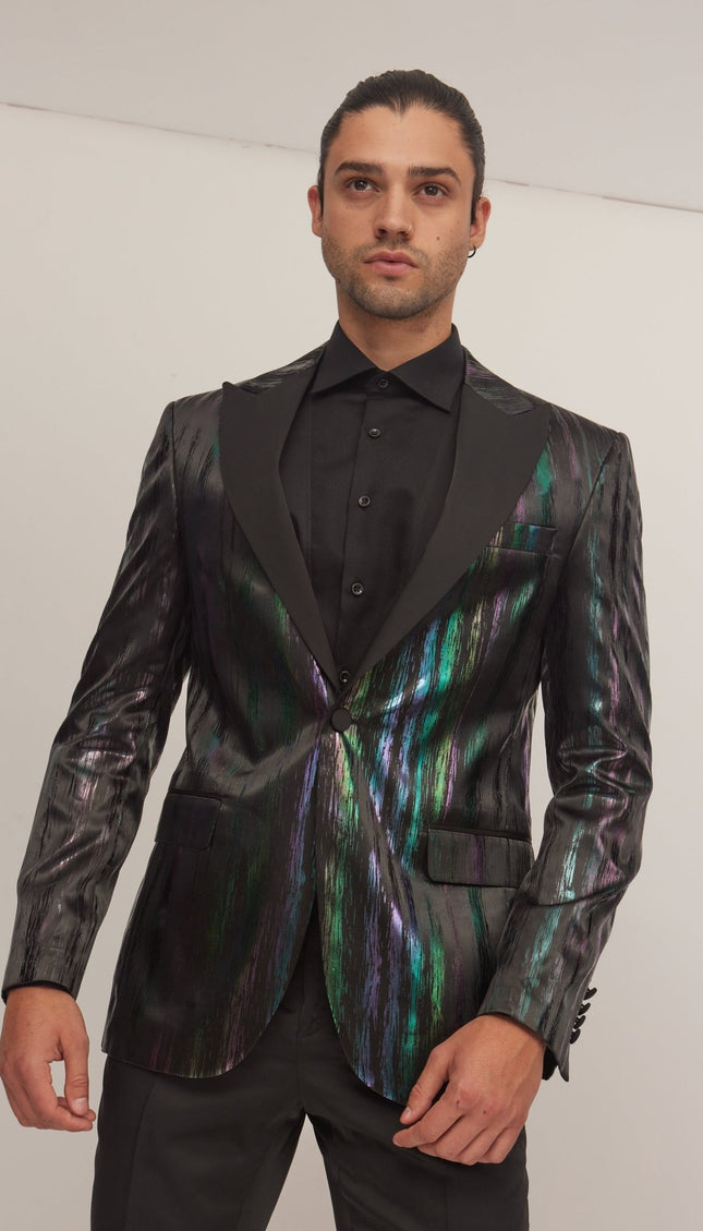 Brush Stroke Wet Look Peak Lapel Tuxedo Jacket - Multi - Ron Tomson