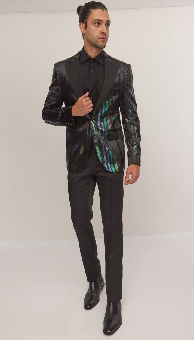 Brush Stroke Wet Look Peak Lapel Tuxedo Jacket - Multi - Ron Tomson