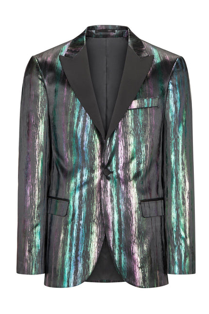 Brush Stroke Wet Look Peak Lapel Tuxedo Jacket - Multi - Ron Tomson