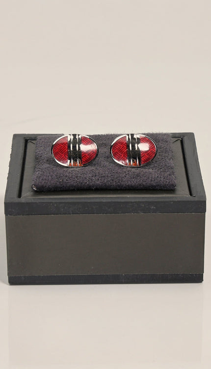 Brushed Herringbone Stainless Steel Cufflinks Silver Red - Ron Tomson