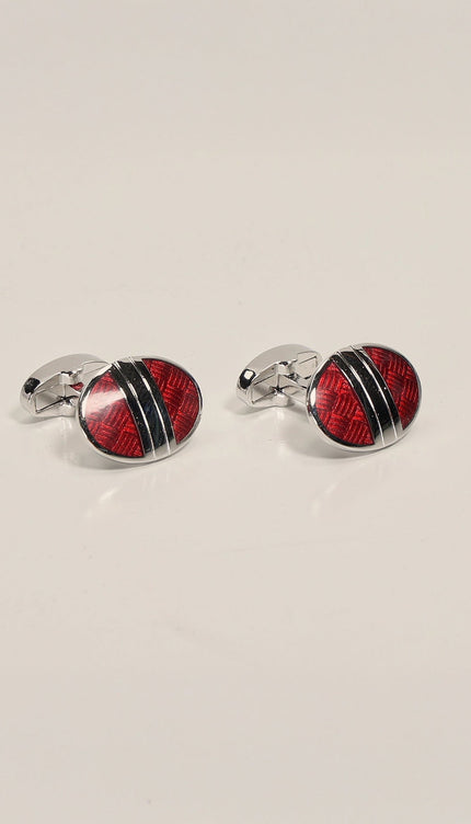 Brushed Herringbone Stainless Steel Cufflinks Silver Red - Ron Tomson